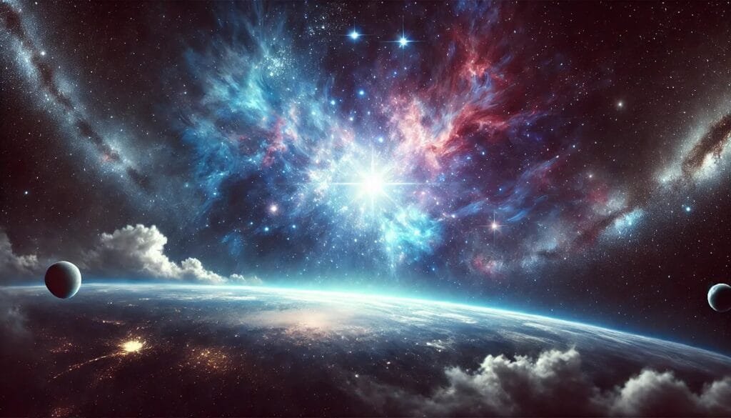 DALL·E 2024-12-29 00.26.51 - A visually striking, wide-format (landscape) digital painting of a serene cosmic scene, depicting the vastness of the universe. The artwork includes v