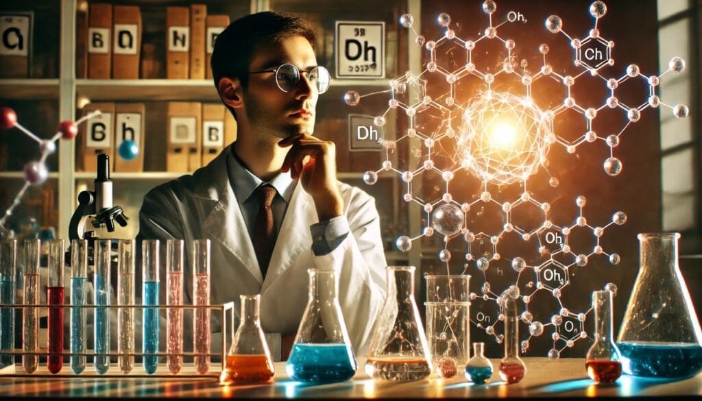 DALL·E 2024-12-29 09.24.45 - A serene laboratory scene with a thoughtful chemist in a white coat, surrounded by complex glassware, and colorful chemicals. The chemist is gazing at