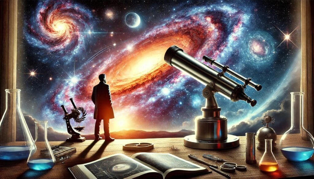 DALL·E 2024-12-29 09.32.44 - A reflective and awe-inspiring cosmic scene featuring an astronomer standing near a high-tech telescope. The astronomer is observing a breathtaking vi