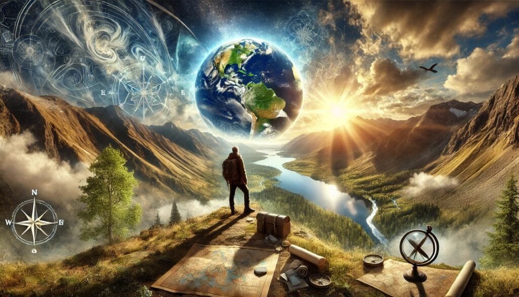 DALL·E 2024-12-29 09.36.48 - An awe-inspiring scene of an agnostic geographer standing on a mountain peak, observing a vast landscape of valleys, rivers, and forests under a dynam