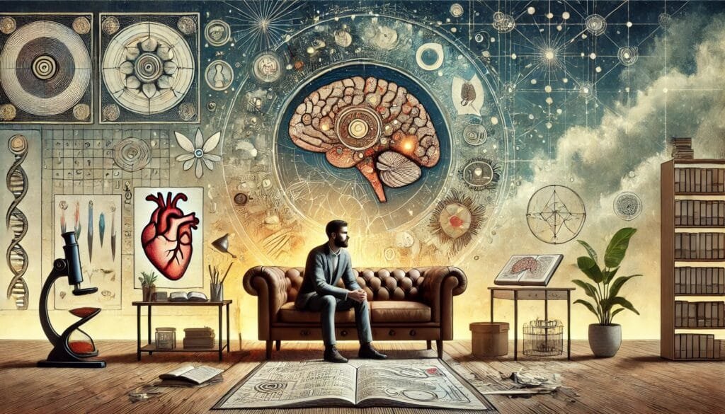 DALL·E 2024-12-29 09.40.51 - An introspective and serene scene featuring an agnostic psychologist in a study, surrounded by books and tools related to the human mind and behavior
