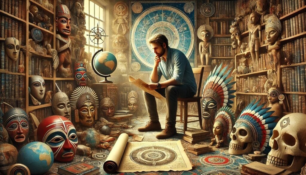 DALL·E 2024-12-29 09.44.50 - An agnostic anthropologist seated in a library filled with books on human cultures, rituals, and religions. The scene features artifacts from diverse