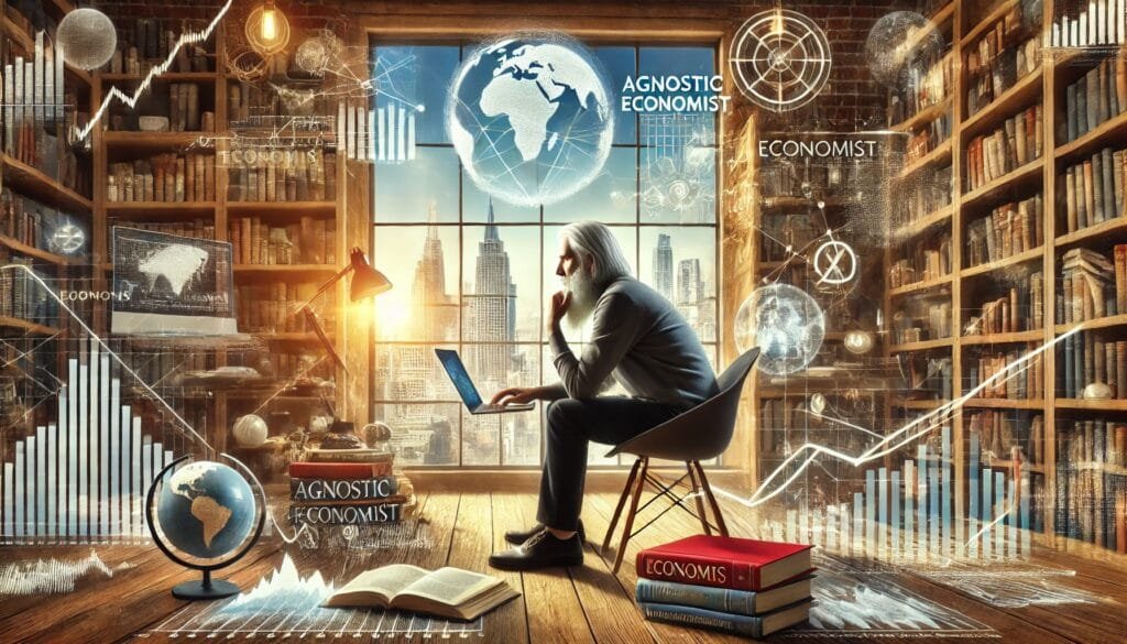 DALL·E 2024-12-29 09.45.48 - An agnostic economist sitting in a modern study surrounded by graphs, charts, and economic data. The economist is reviewing global financial trends on