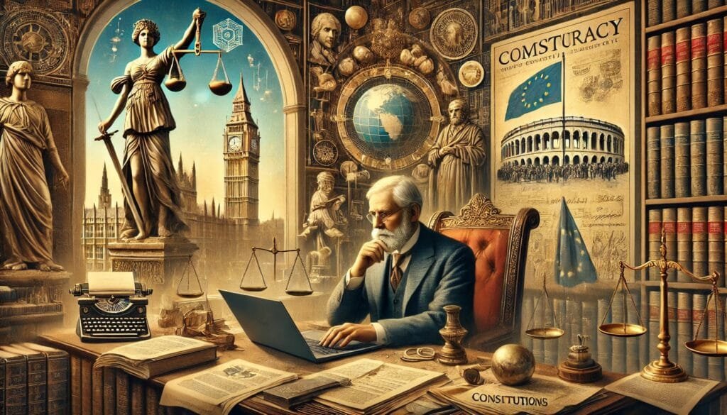 DALL·E 2024-12-29 09.48.48 - An agnostic political scientist in a sophisticated study surrounded by political maps, books on governance, and historical documents. The scene featur